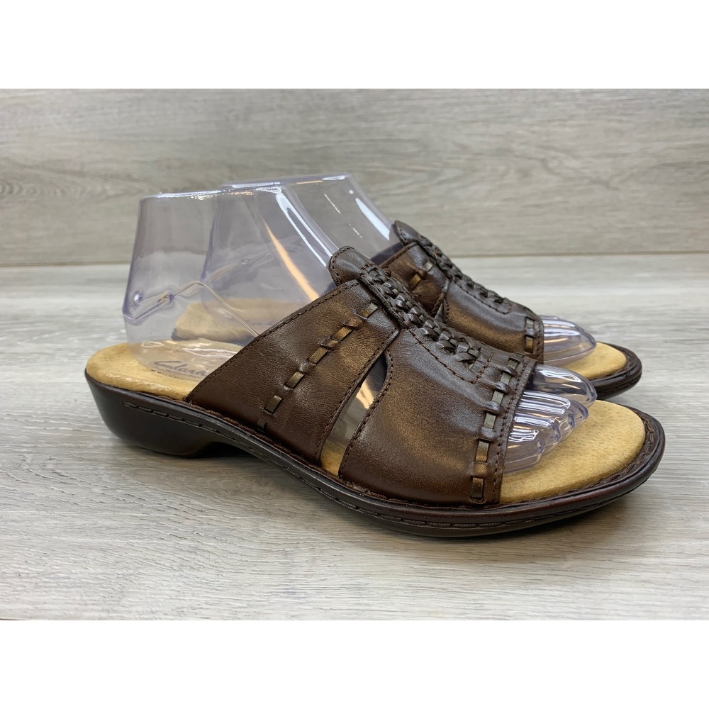 Clarks Bendables Brown Leather Woven Slide Sandals Women's 7.5 Low Wedge